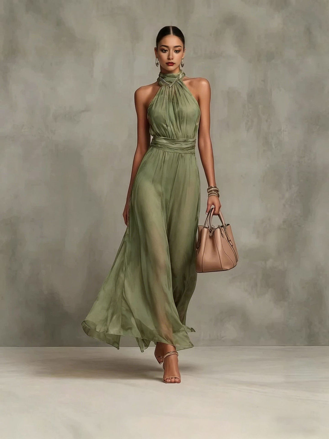 Resort-style Waist-cinching Figure-flattering Pleated Dress - cas7m