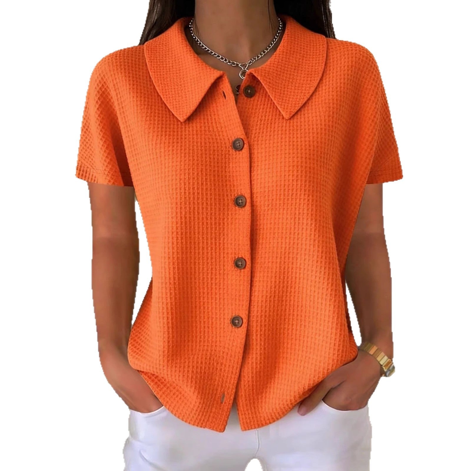 Turn-Down Collar Waffle Weave Solid Color Casual Loose Fit Short Sleeve Shirt - Women's Cotton Blend Lightweight Summer Top For Daily Wear - cas7m