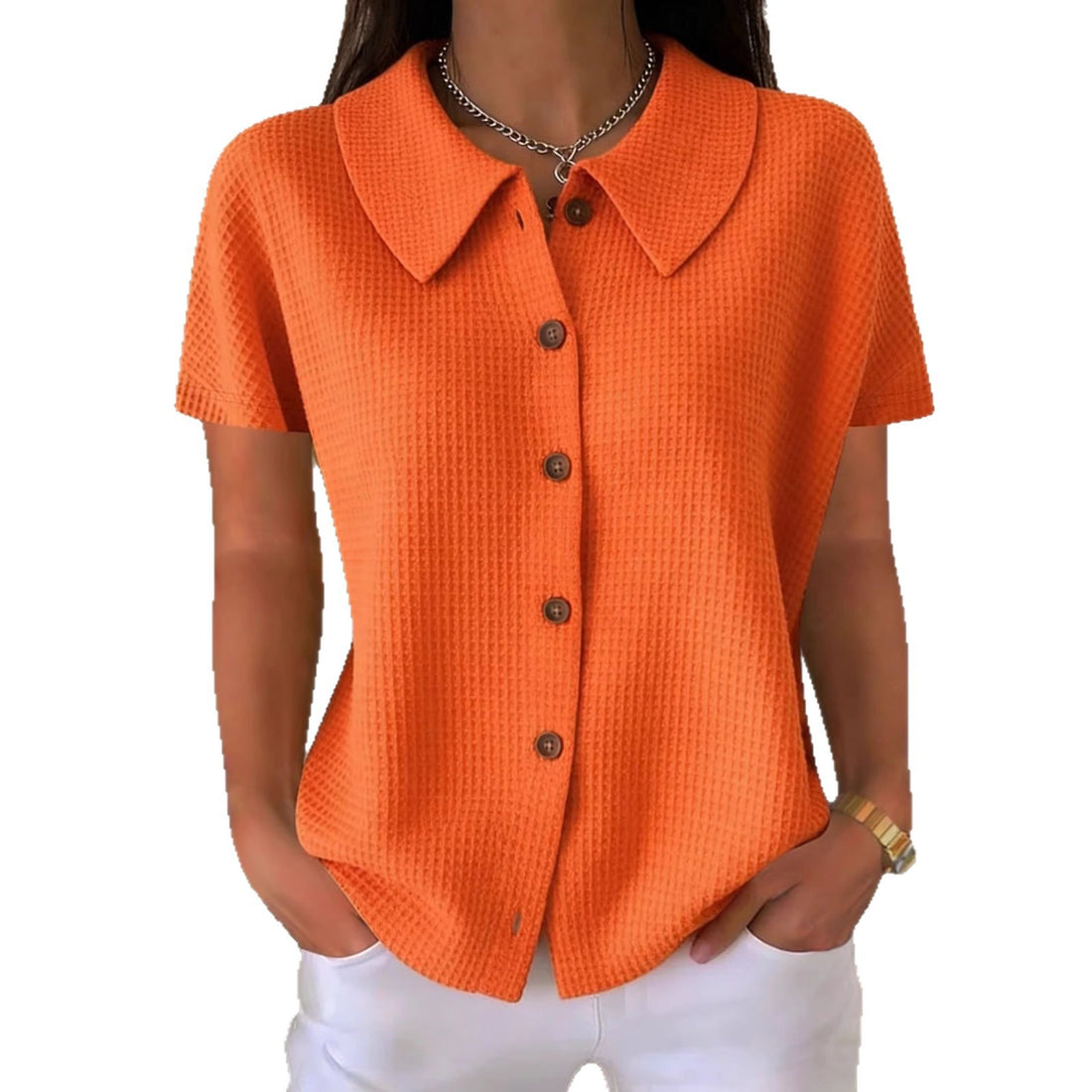 Turn-Down Collar Waffle Weave Solid Color Casual Loose Fit Short Sleeve Shirt - Women's Cotton Blend Lightweight Summer Top For Daily Wear - cas7m