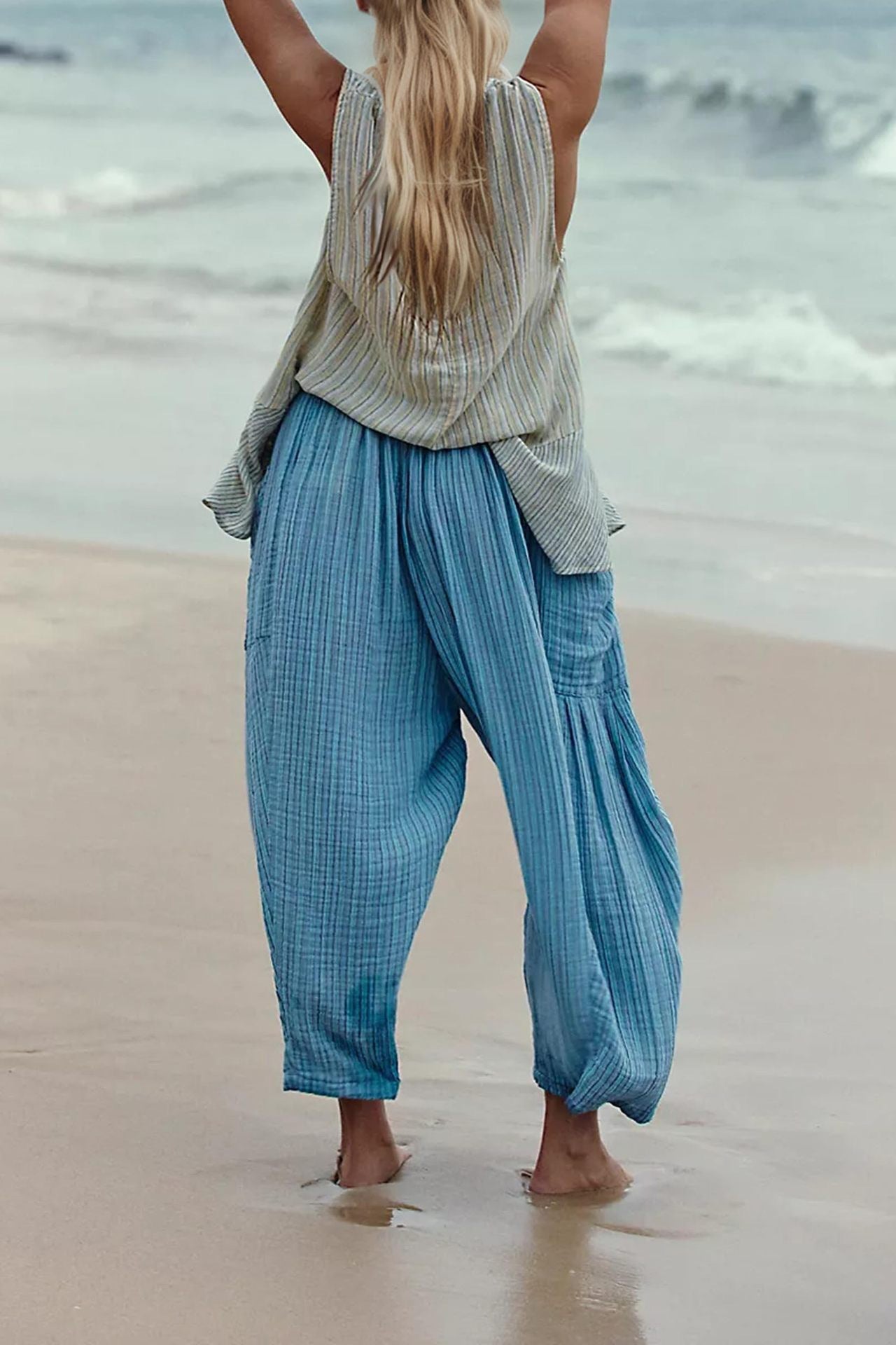 Striped Straight-leg Pants Elastic Waist Cropped Pleated Pants - cas7m