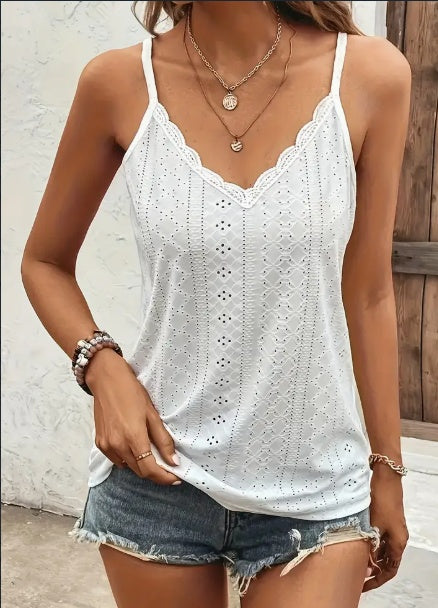 Solid Color V Neck Eyelet Cami Top, Elegant Scallop Trim Sleeveless Top For Spring & Summer, Women's Clothing - cas7m
