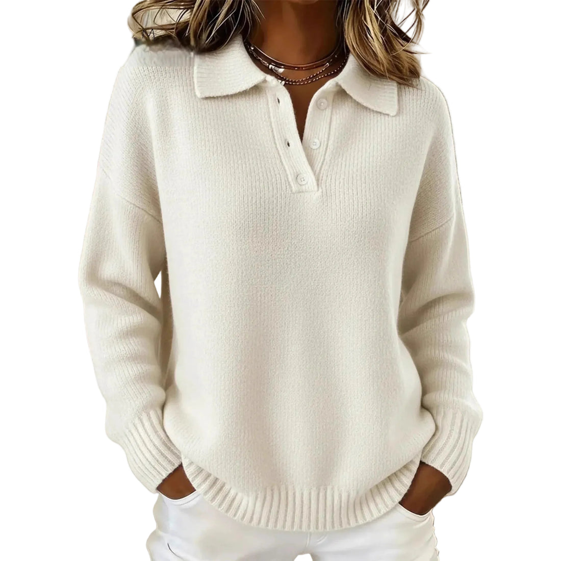 Loose And Soft Women's Lapel Long Sleeve Button Sweater - cas7m