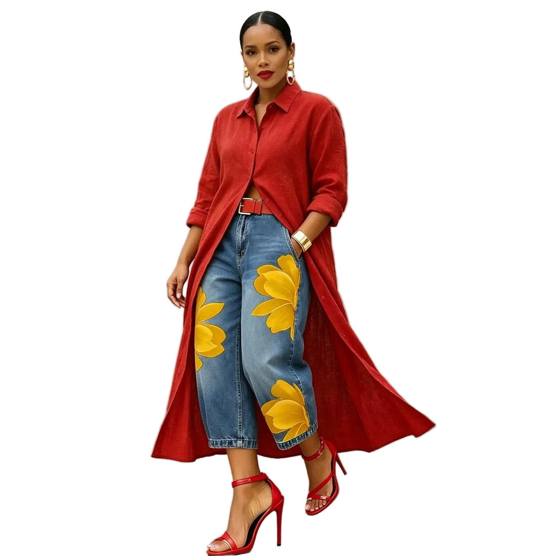 Women's Floral Denim Pants Street Style Printed Design Cropped Jeans