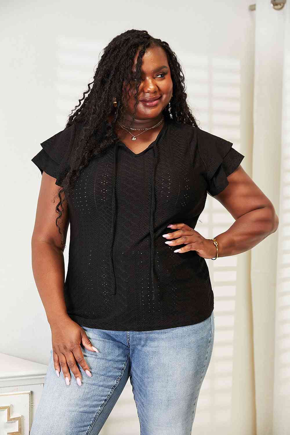 Elegant Eyelet Flutter Blouse