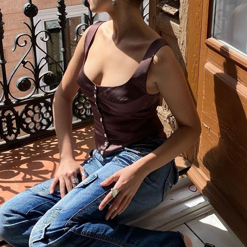 Woman Square-neck Small Slip Top Button Backless Sleeveless Vest - cas7m
