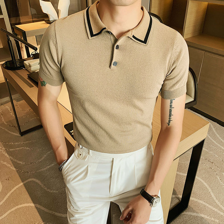 New Solid Color Lapel Knitted Men's Pullover Short Sleeve Polo Shirt - cas7m