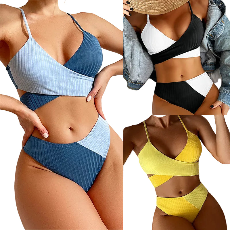 Bikini Patchwork Swimwear Ribbed Women's Swimsuit Knot Back Beachwear Ruched Butt Biquinis Bathing Suits - cas7m