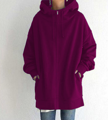 Oversized S-5XL Women Loose Hooded Coats Autumn Female Tie Collar Long Sleeve Zipper Up Add Velvet Long Sweatshirt - cas7m
