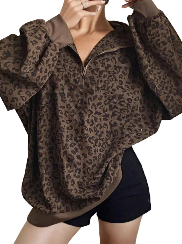 Women Casual Zip Up Front Long Sleeve Leopard Print Sweatshirt - cas7m