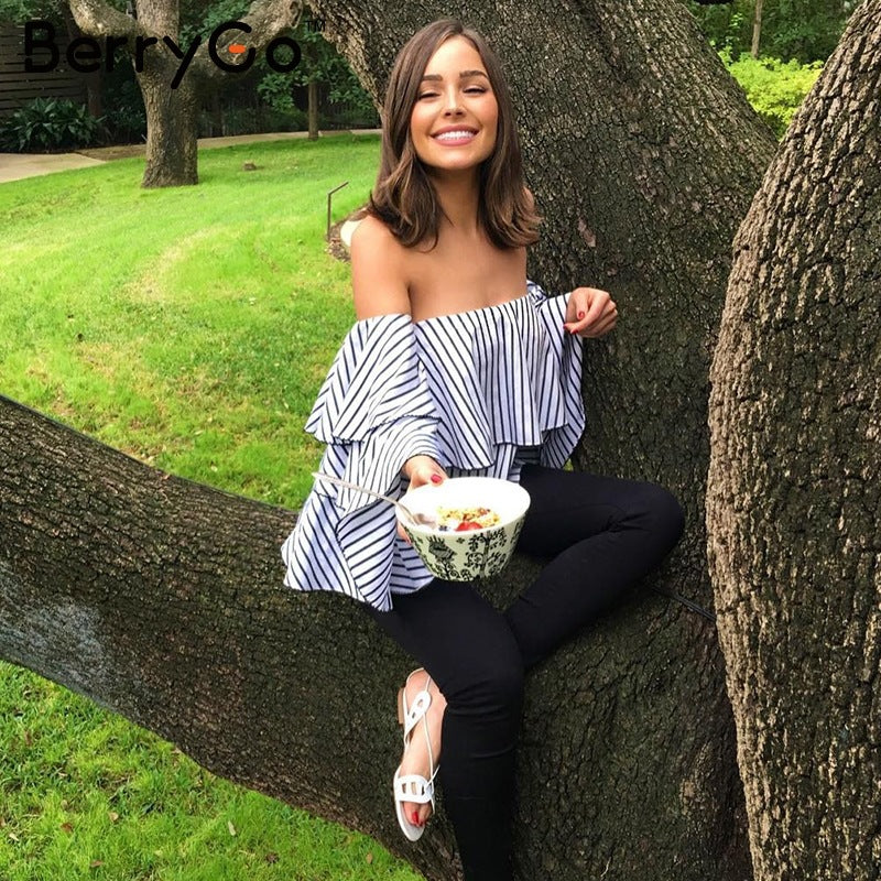 Halter-neck Sexy Backless Flared-sleeve Striped Blouse For Women - cas7m
