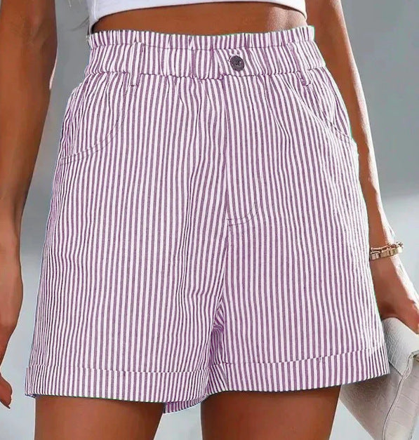 Fashion Ladies Non-stretch Stripe Shorts - cas7m