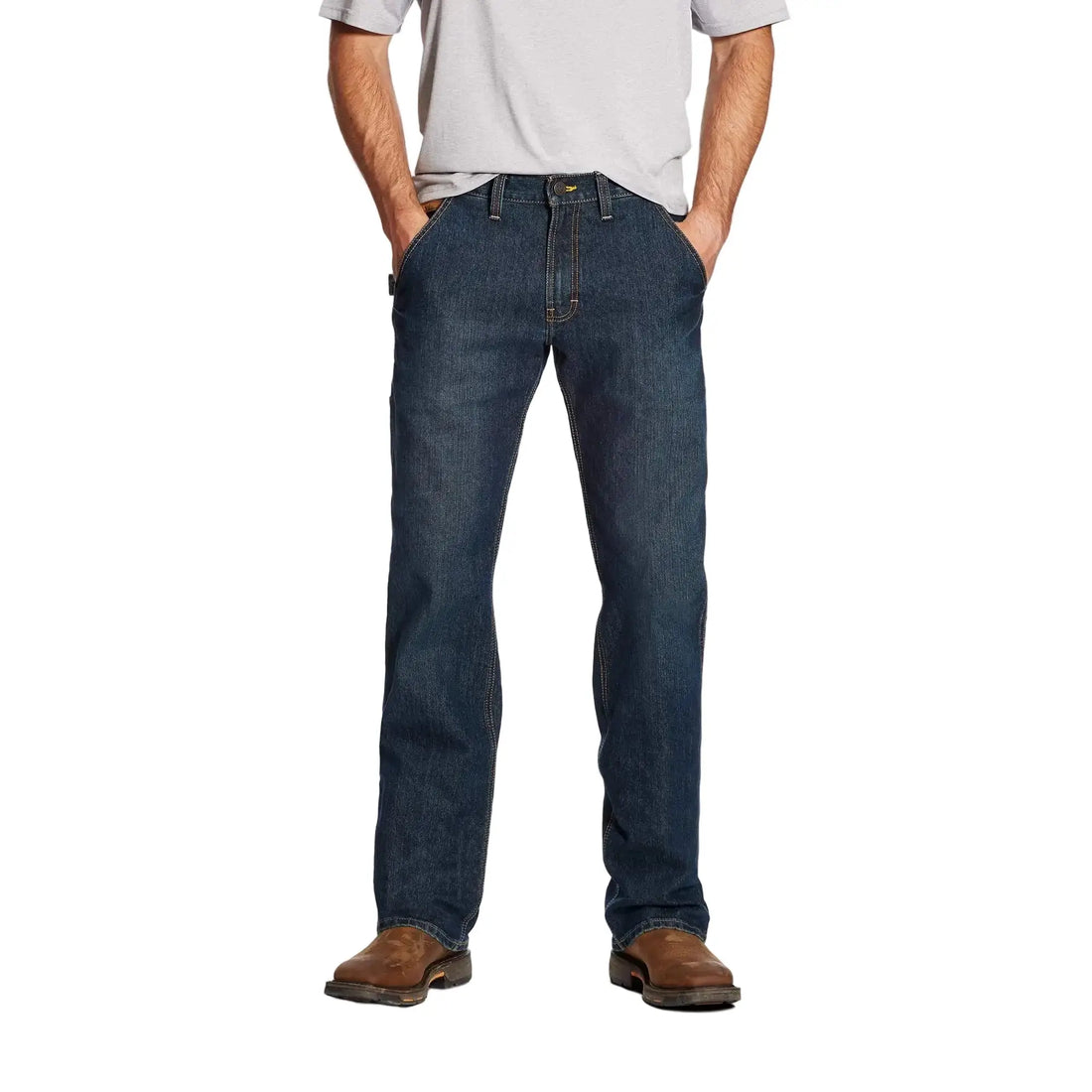Person wearing blue jeans and a white shirt on a white background