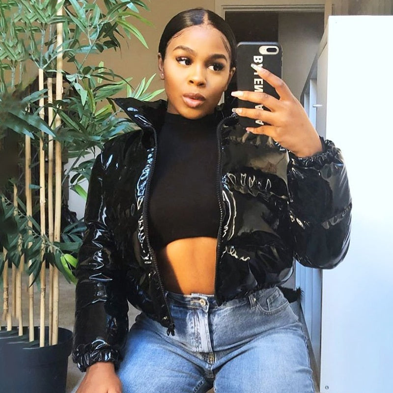 Sisterlinda Faux PU Leather Y2K Bubble Puffer Winter Warm Jacket Women Coats Long Sleeve Outerwear Zipper Casual Slim Parkas - cas7m
