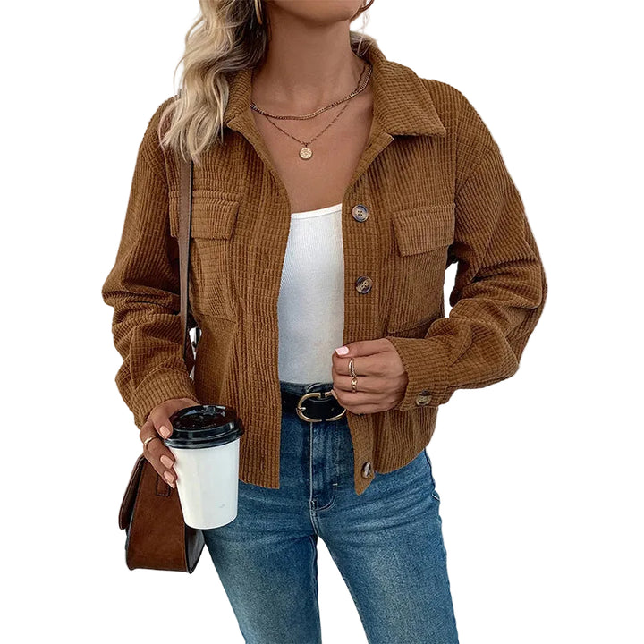 Autumn And Winter Corduroy Polo Collar Jacket Vintage Brown Pocket Coat Women - cas7m