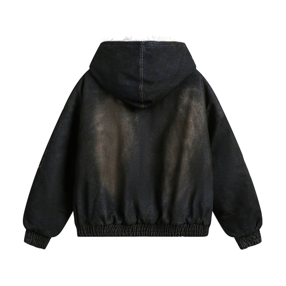 Distressed Dirty Denim Hooded Cotton Coat Jacket Winter Men - cas7m