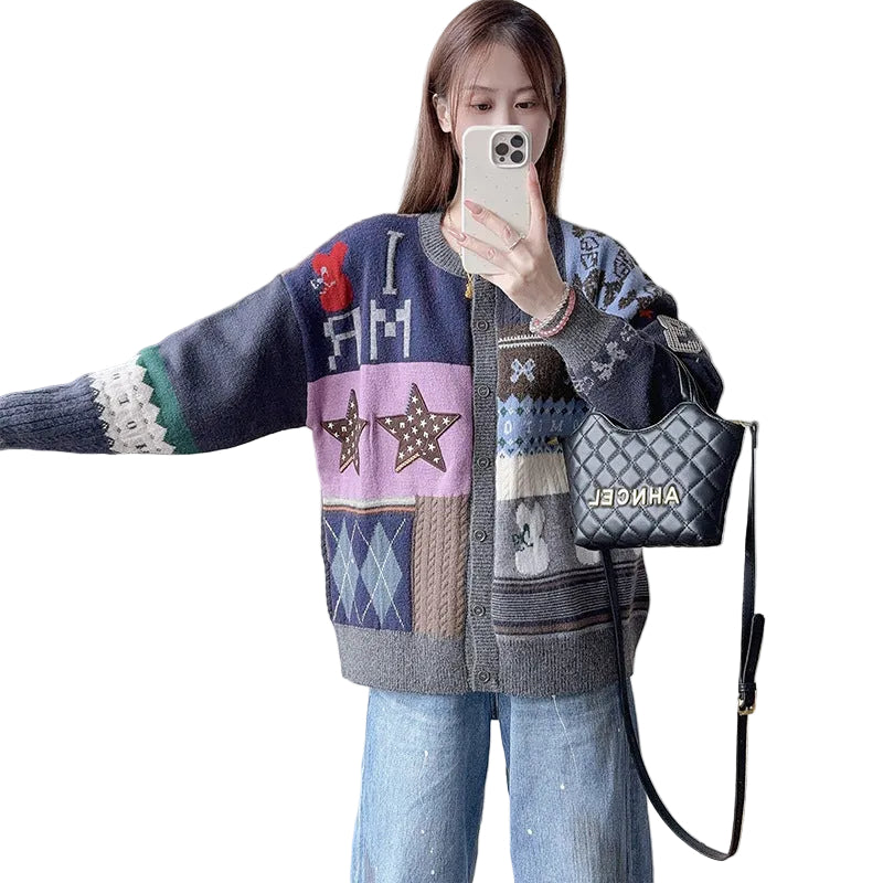 Cartoon contrasting spliced sweater