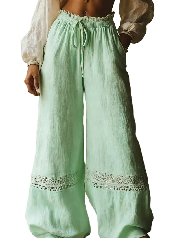 Hollow-out Elastic Waist Wide-leg Pants - cas7m