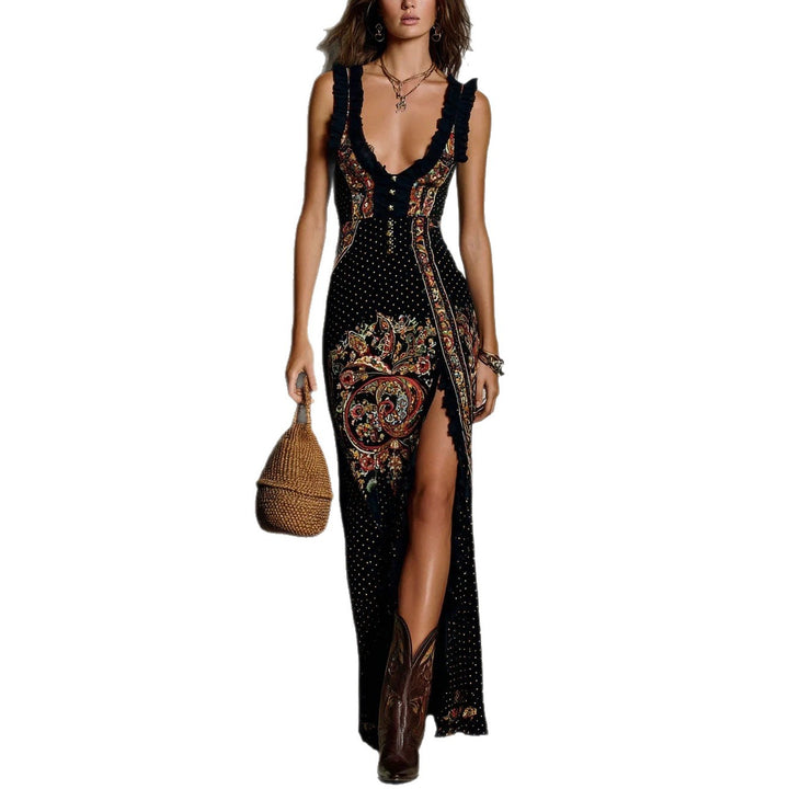 Digital Print Sleeveless Tank Top Split Long Skirt Dress - cas7m