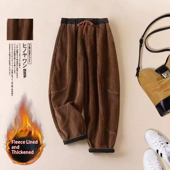Women's Corduroy Fleece Lined Thick Harem Pants - cas7m