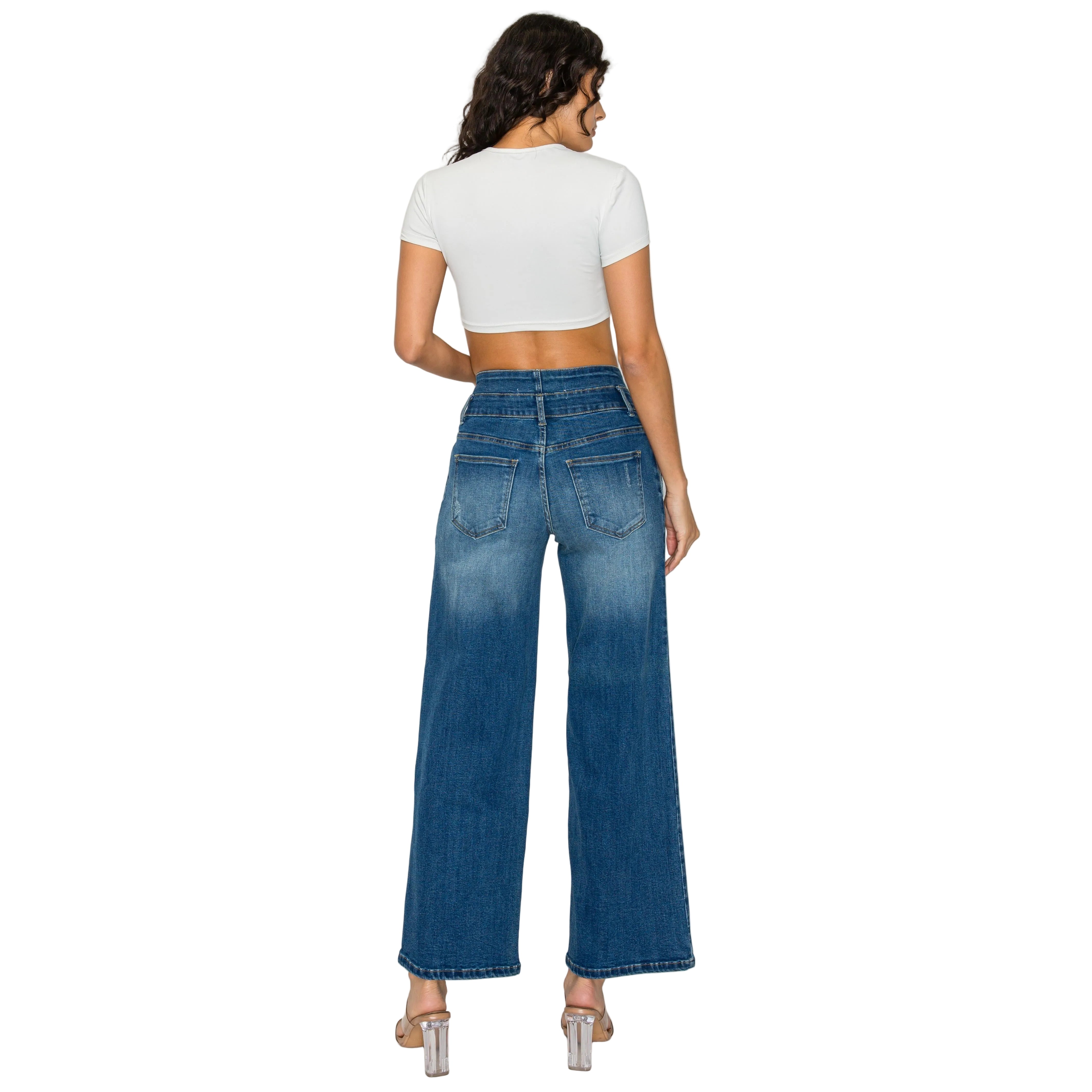 Women's Medium Blue Elastic Waist Jeans - Wide Leg Casual Denim - cas7m
