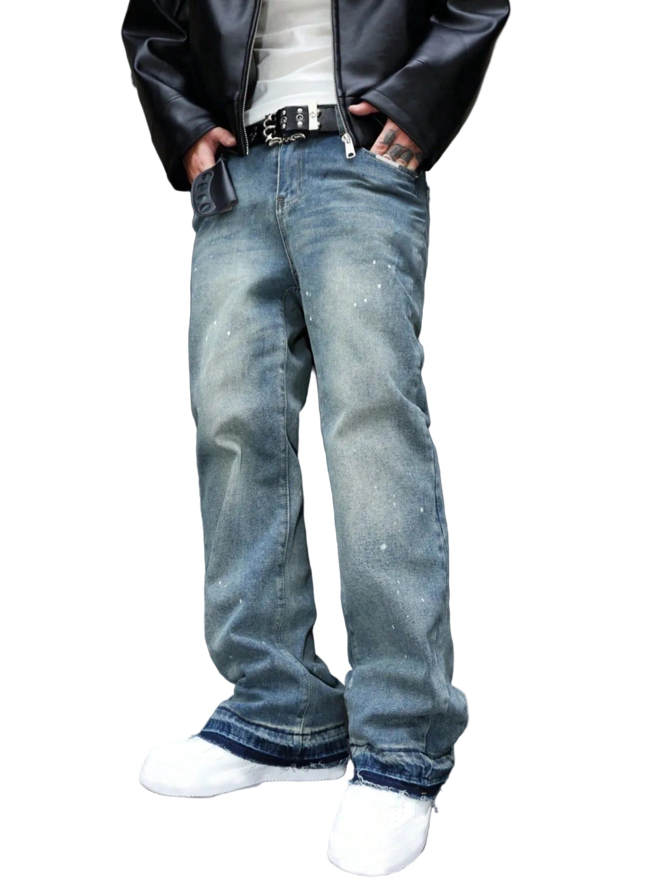 Retro Summer Washed Denim Pants for Men with Distressed Splatter Design, Fashionable Casual Trousers