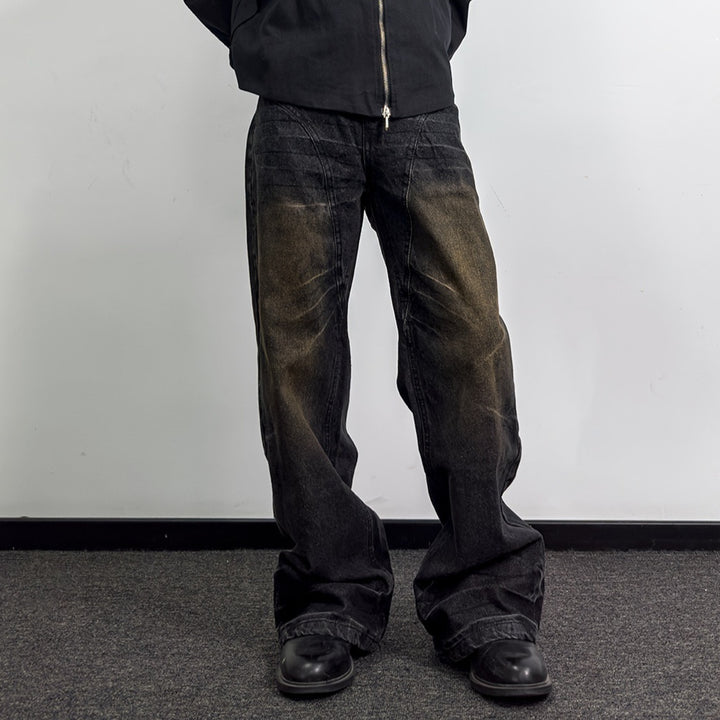 Washed Straight Dirty Mud Textured Deconstructed Jeans - cas7m