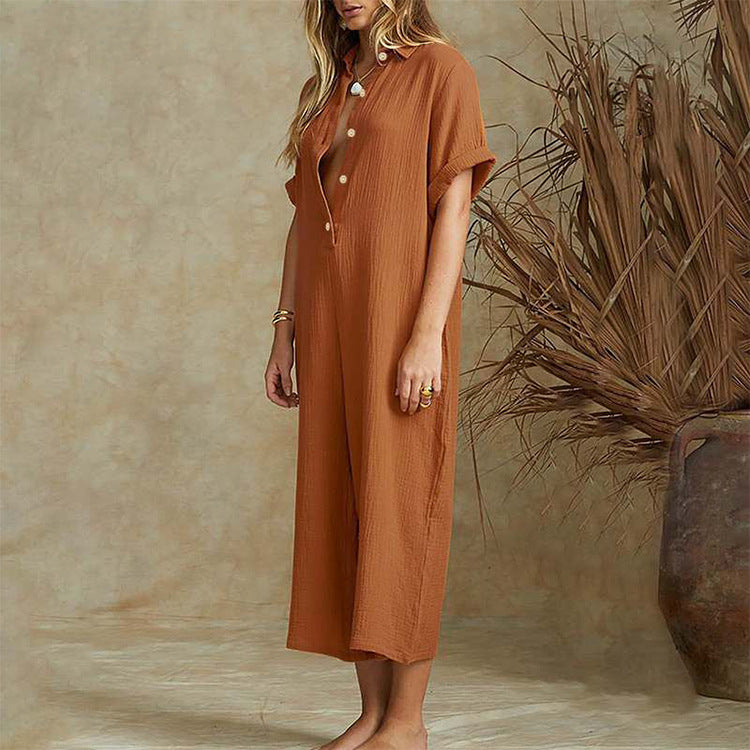 Casual Loose Long Jumpsuit Short Sleeve Rompers - cas7m