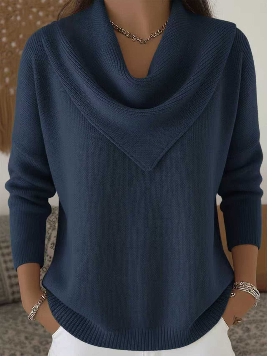 Womens Solid-color Long-sleeve Sweater Top - cas7m