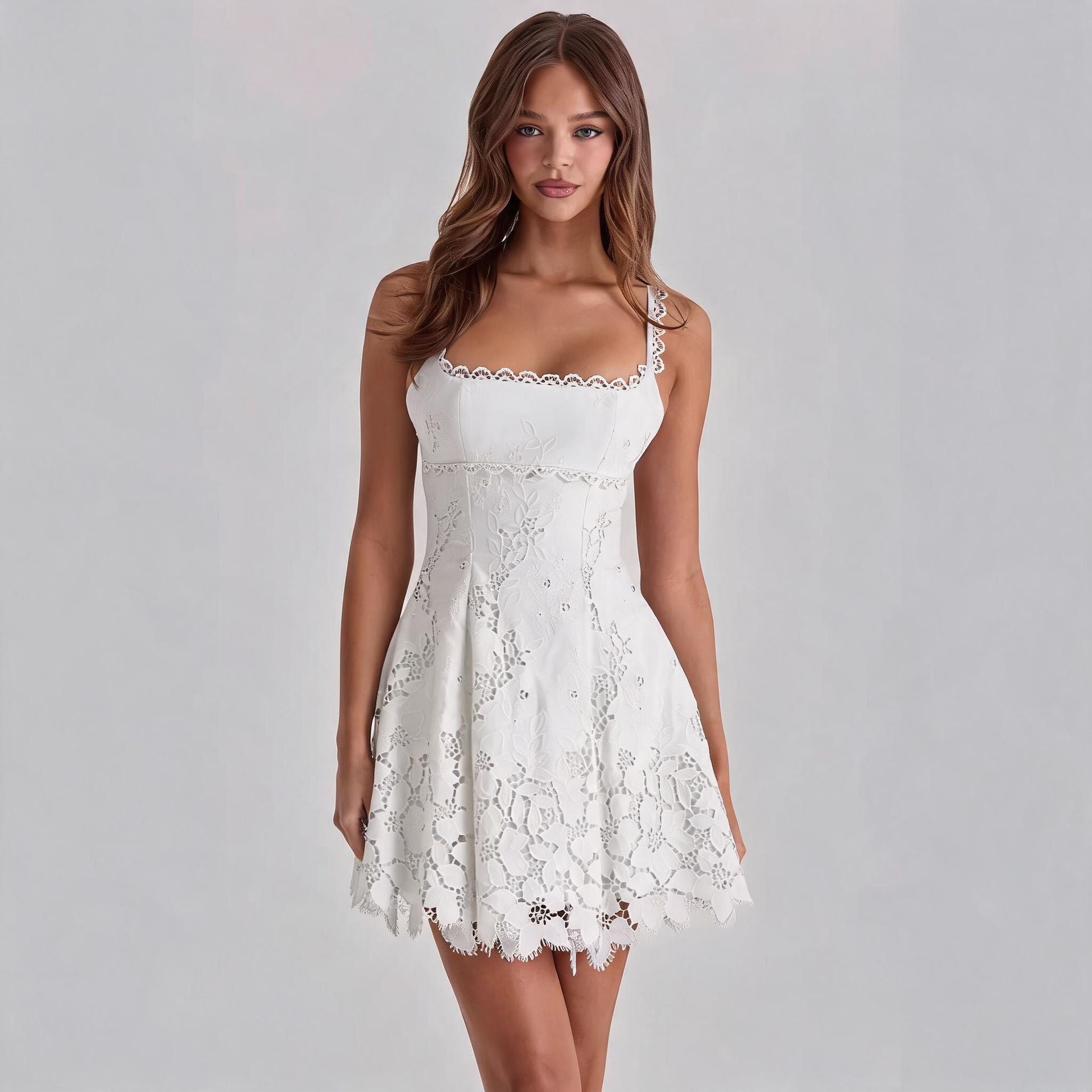 Lace-trimmed Sexy Backless Strap Mini Dress - cas7m
