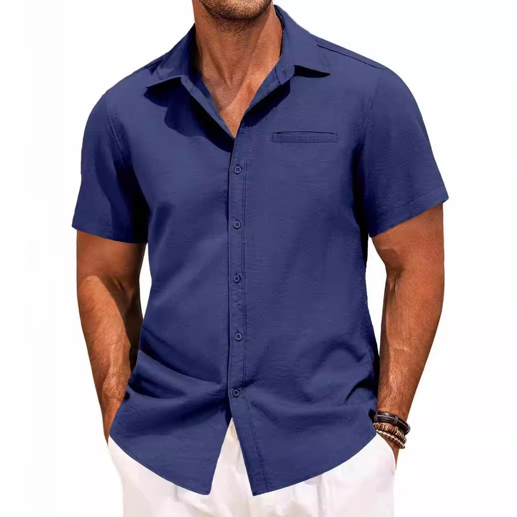 Polo Collar Solid Color Short Sleeve Button Shirt - cas7m
