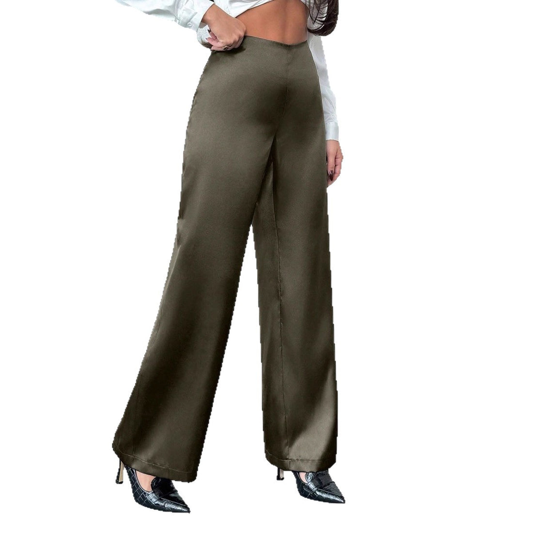Women's Solid-Colored Casual Loose Satin Wide-Leg Pants - cas7m