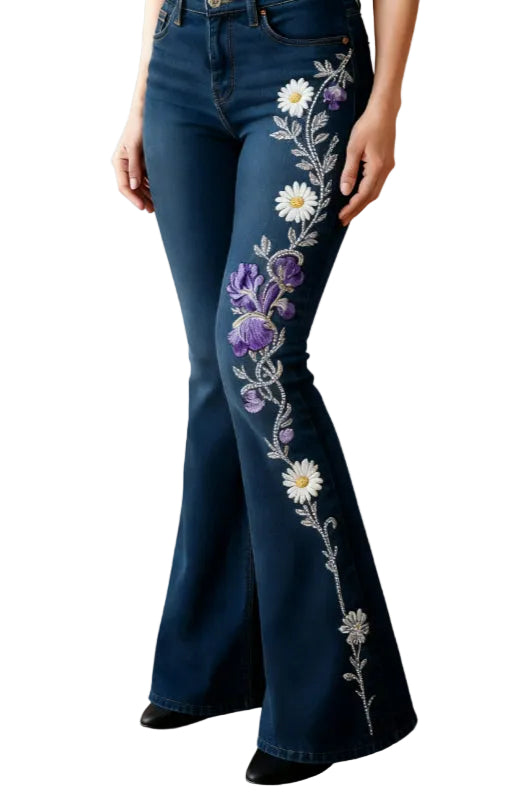 Women's Casual Floral Print Slim-fit Flared Jeans - cas7m