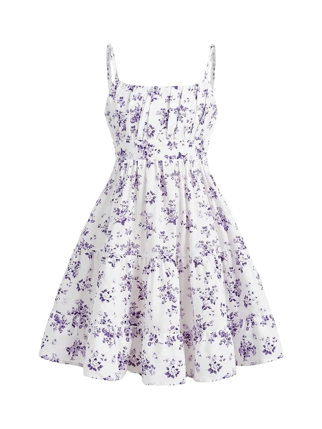 A white sleeveless mini dress with a purple floral print, featuring thin spaghetti straps, a smocked bodice, and a flared skirt.