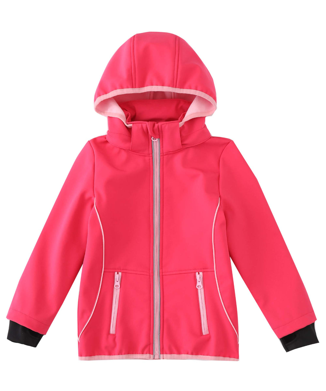 A bright pink hooded jacket with a full front zipper, two zippered hand pockets, and black cuffs, shown against a plain white background.