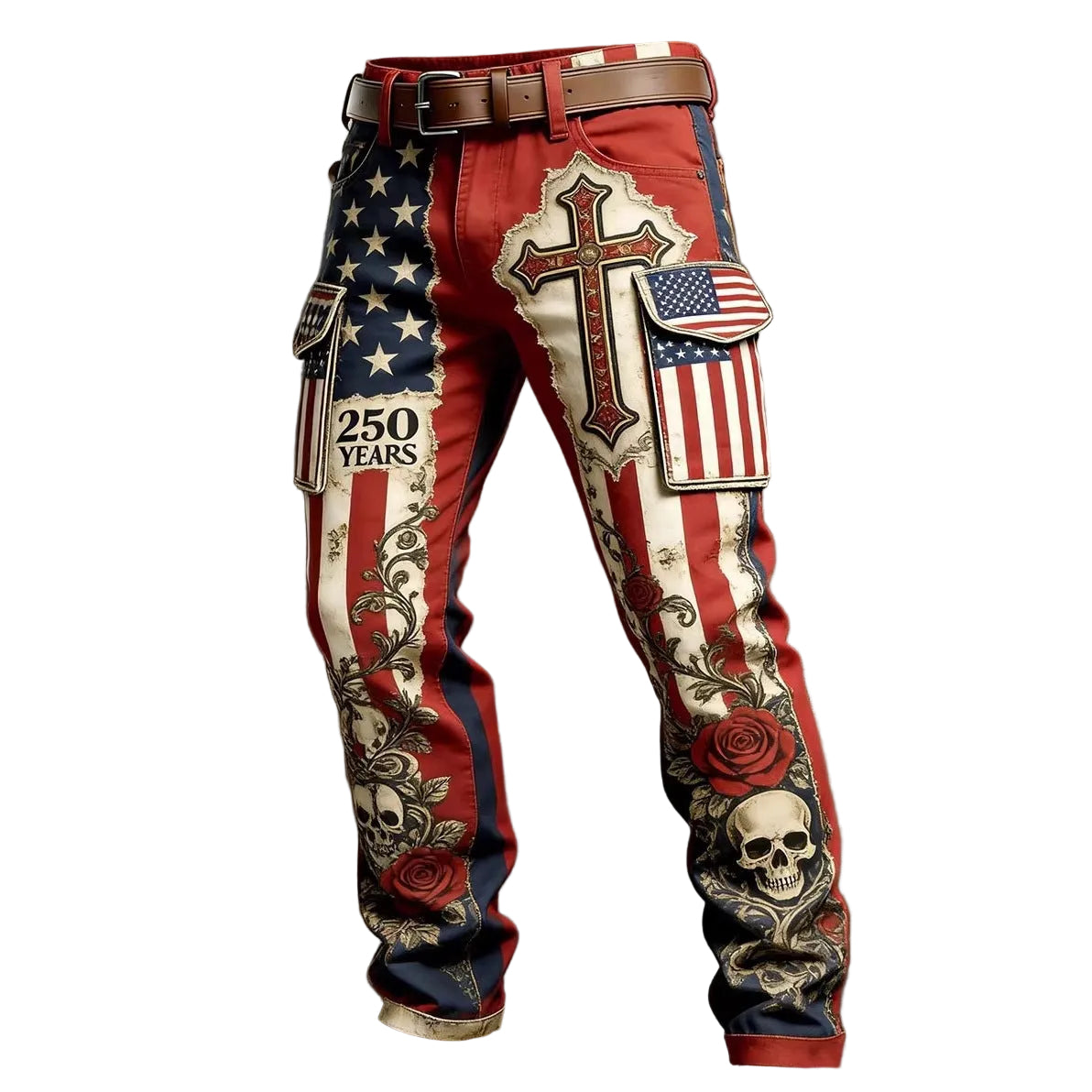 Decorative pants with American flag and cross design on a textured background