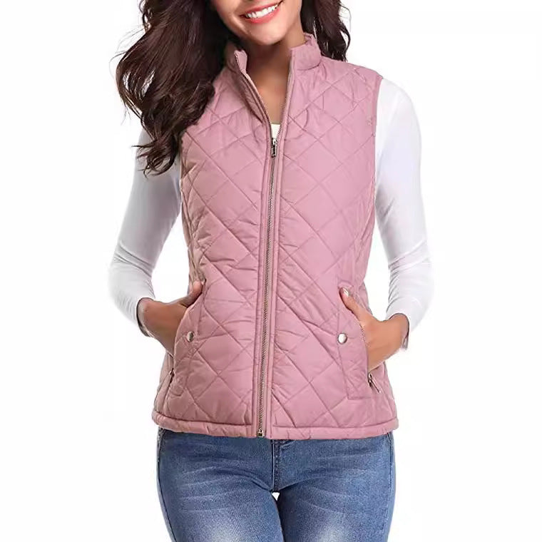 Women's Cotton Vest Stand Collar Zipper Pocket Warm - cas7m