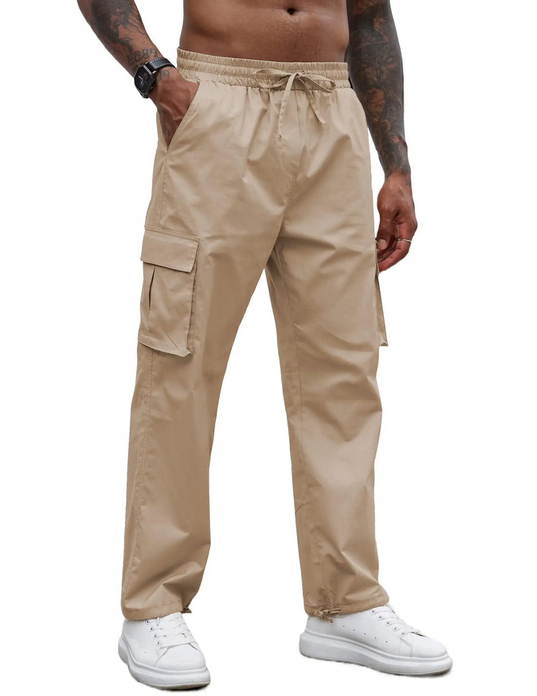 A man wearing beige cargo pants with a drawstring waist, shown from the chest down against a plain white background.