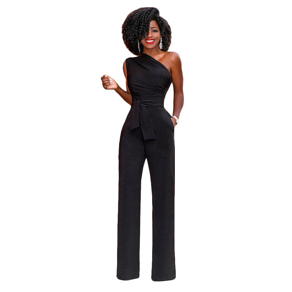Solid color slant collar button up Jumpsuit - cas7m