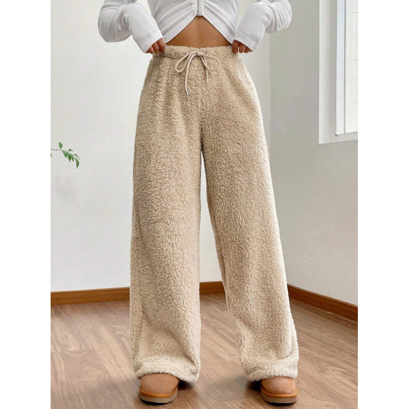 Women's Solid Color Loose Fleece Casual Pants - cas7m