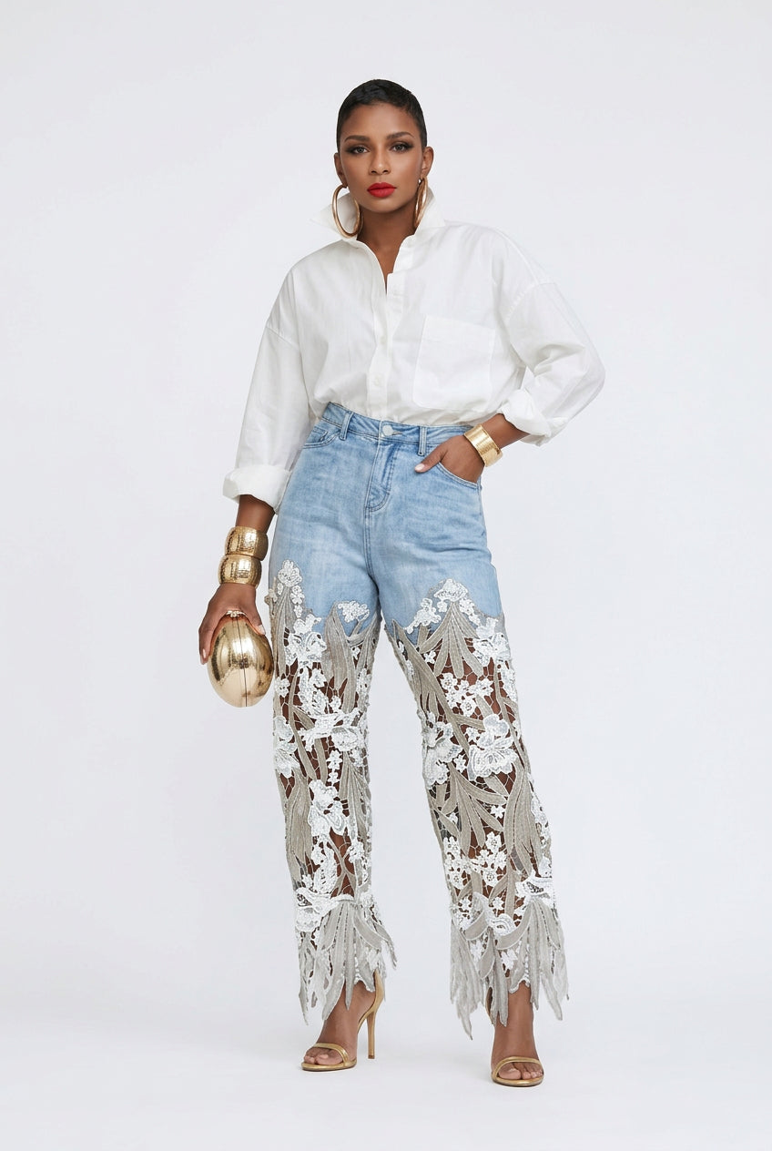 Hollow Out Patchwork Irregular Lace Straight Leg Jeans