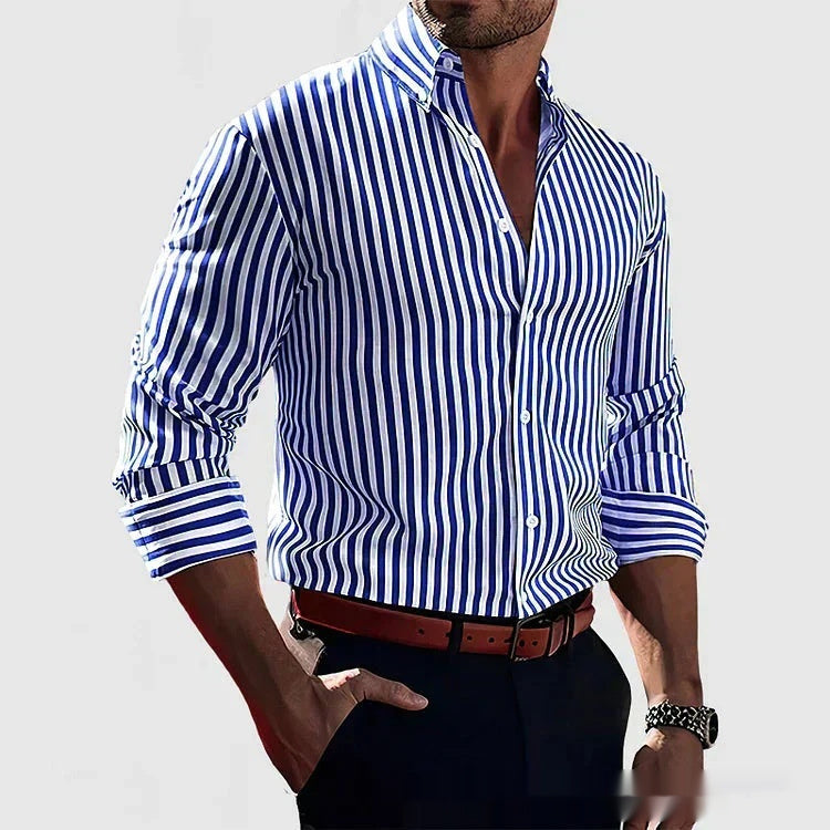 Ins Stripe Printed Long Sleeve Shirt Men Fashion Casual Lapel Button Top Clothing - cas7m
