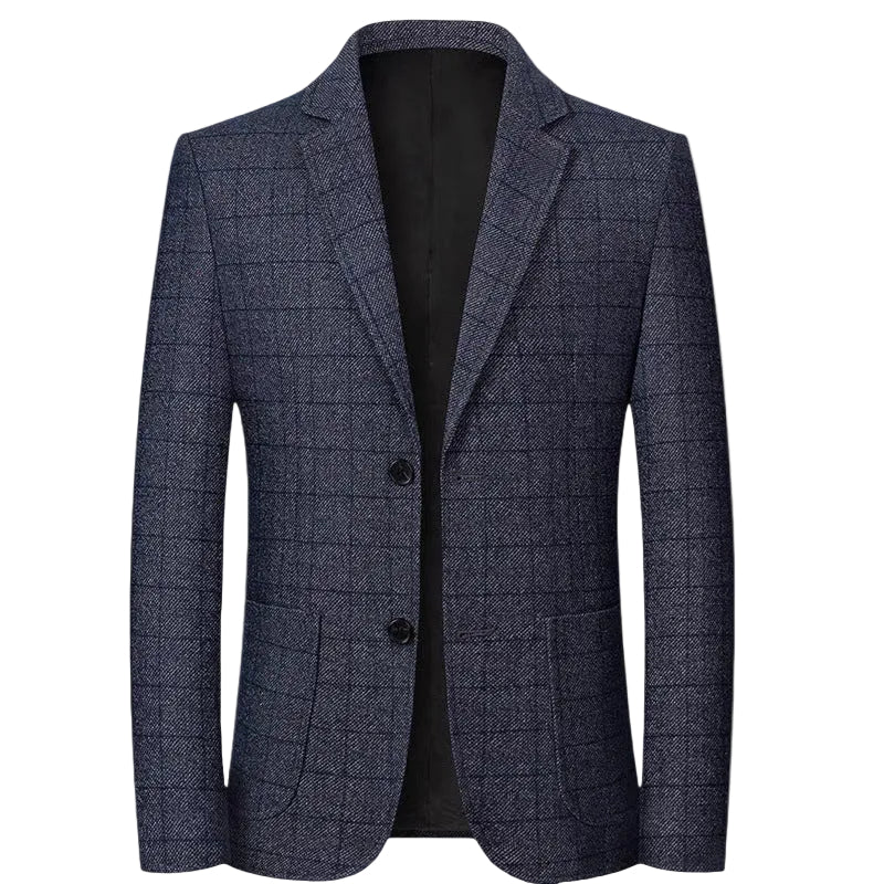 A men's single-breasted blazer in a dark navy blue and gray windowpane plaid pattern, shown on a clean white background.