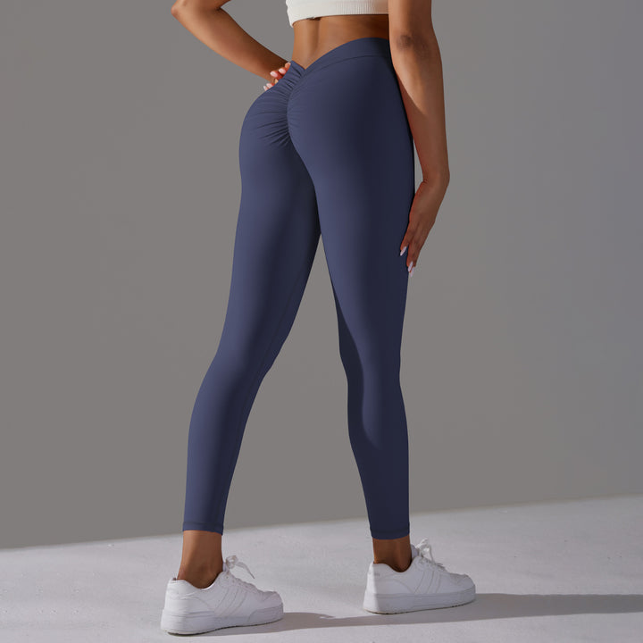 Brushed V Waist Pleated Solid Color Yoga Pants - cas7m