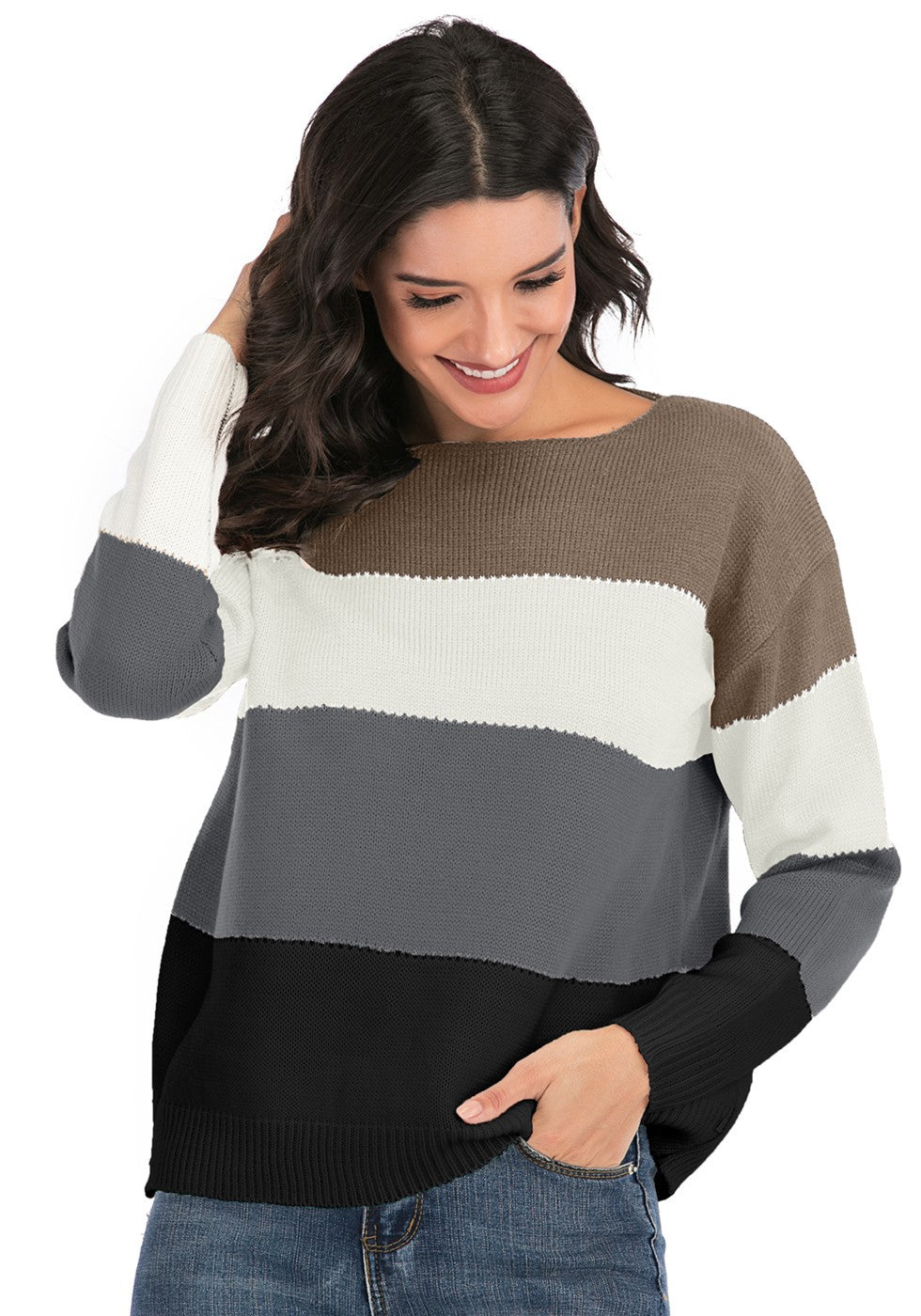 Women Sweater Pullover Round Neck Stripe Long Sleeve Sweater Coat Women Fashion Autumn Knitwear - cas7m