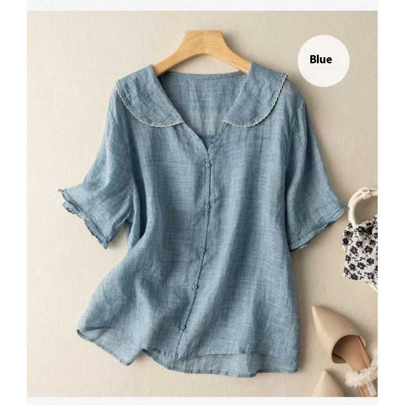 Women's Ramie Artistic Retro Cotton And Linen Doll Collar Loose Top - cas7m