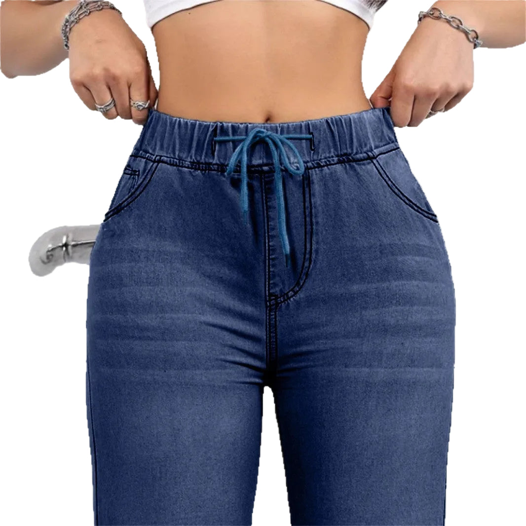 Oversized Jeans Drawstring Elastic Waistband Plain Washed Blue Casual - cas7m