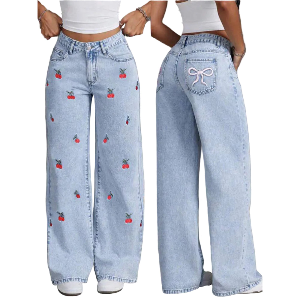 Vintage Denim Pants High-Fall Straight Loose Wide Leg Long Trousers Trendy