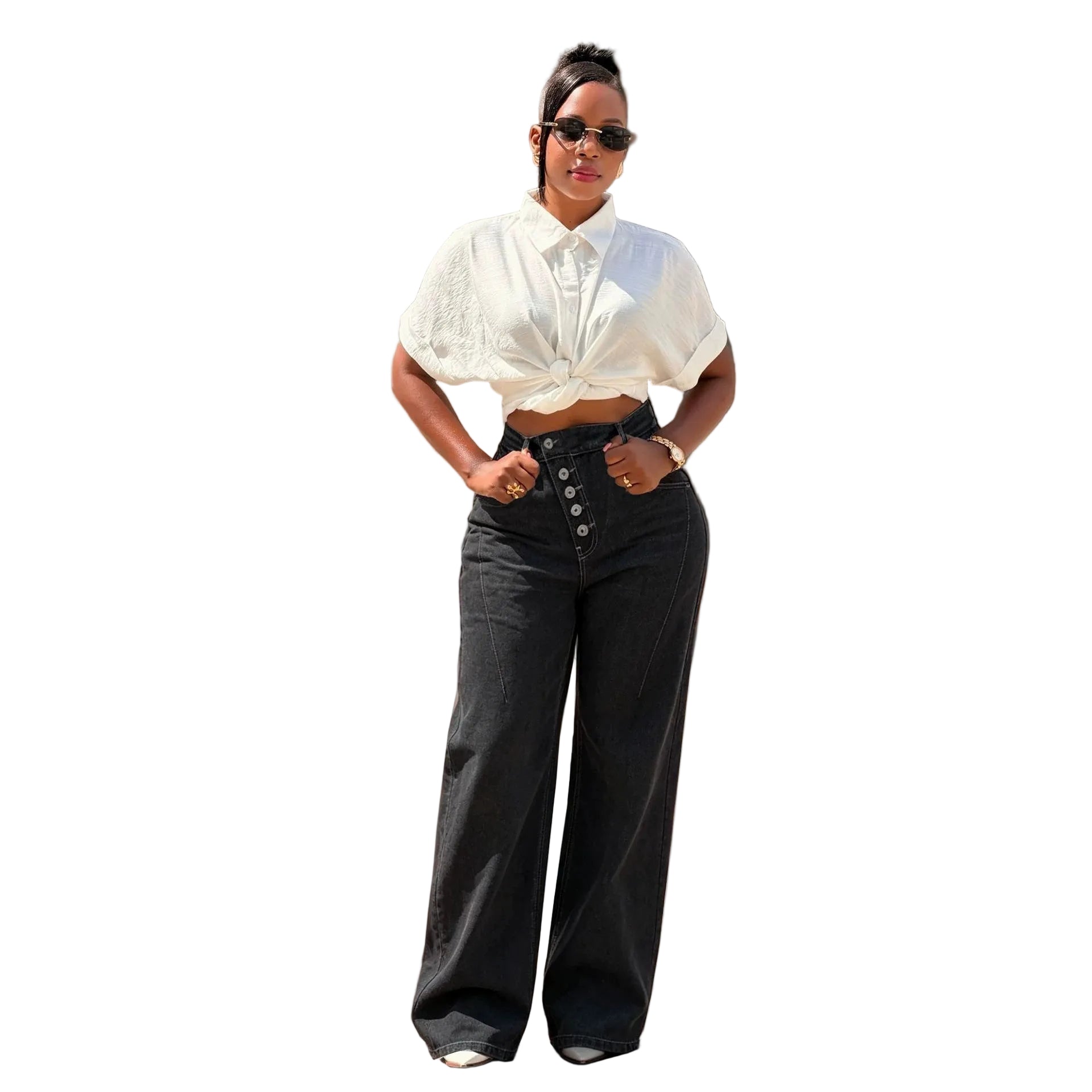 NewTopstitching Multi-button Fly Front Denim Pants