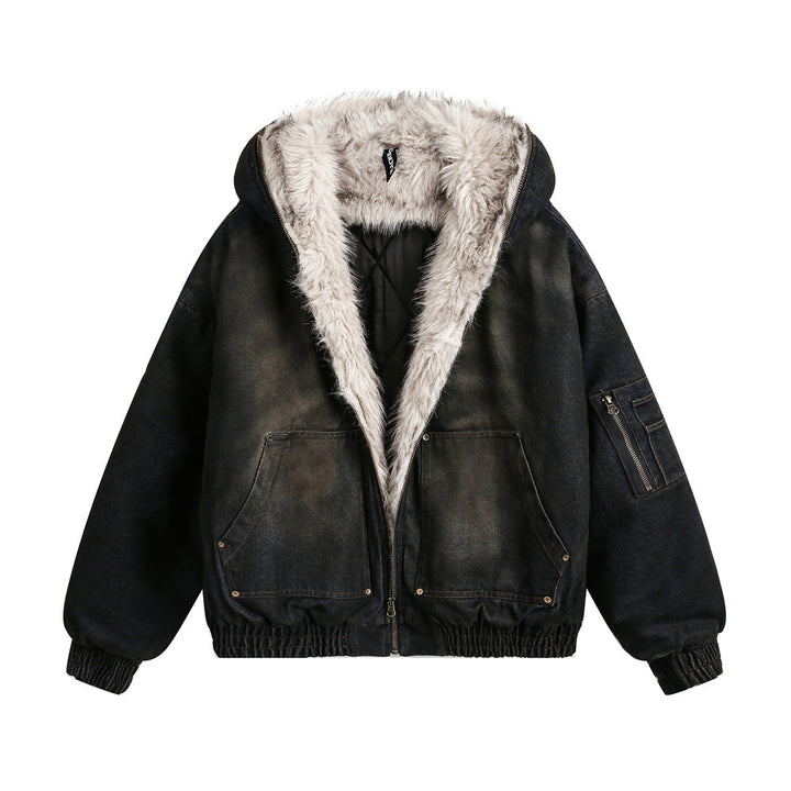 Distressed Dirty Denim Hooded Cotton Coat Jacket Winter Men - cas7m