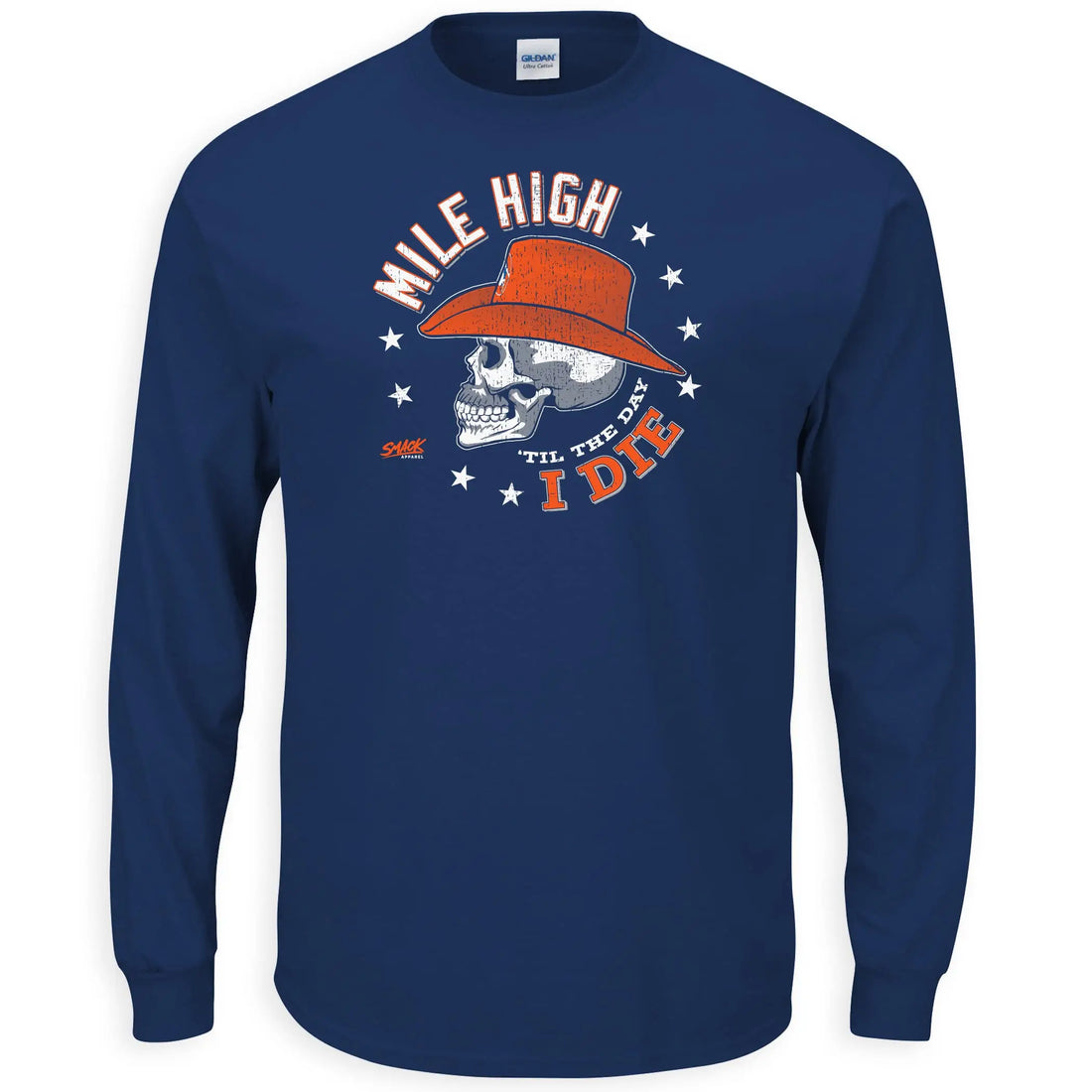 A navy blue long-sleeve t-shirt with a vintage-style graphic on the chest featuring a skull in a red-orange cowboy hat, surrounded by the text 'MILE HIGH' and 'TIL THE DAY I DIE' with white stars.